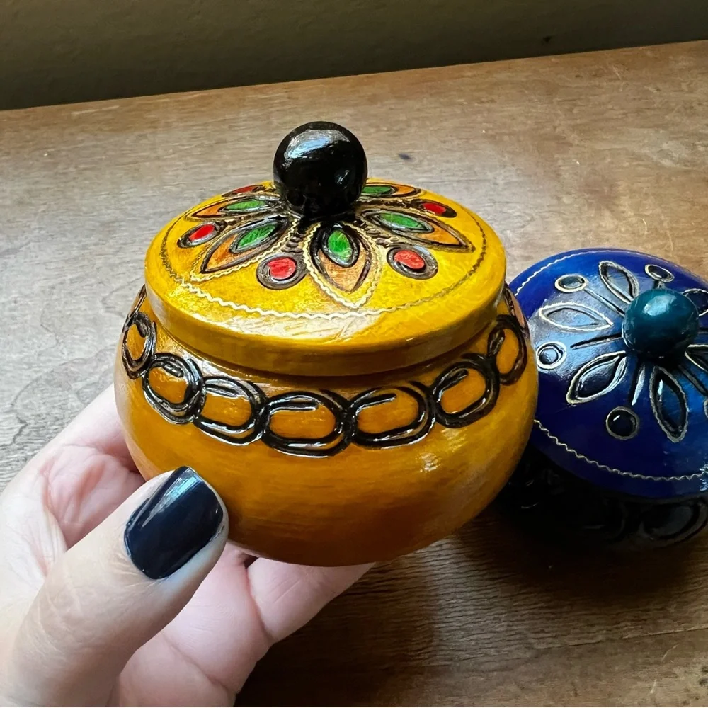 Hand Painted Handmade Lacquer Wooden Trinket Jewelry Box Set with Lid Folk Art